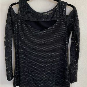 Grayse cold shoulder pave beaded with black lace long sleeved top